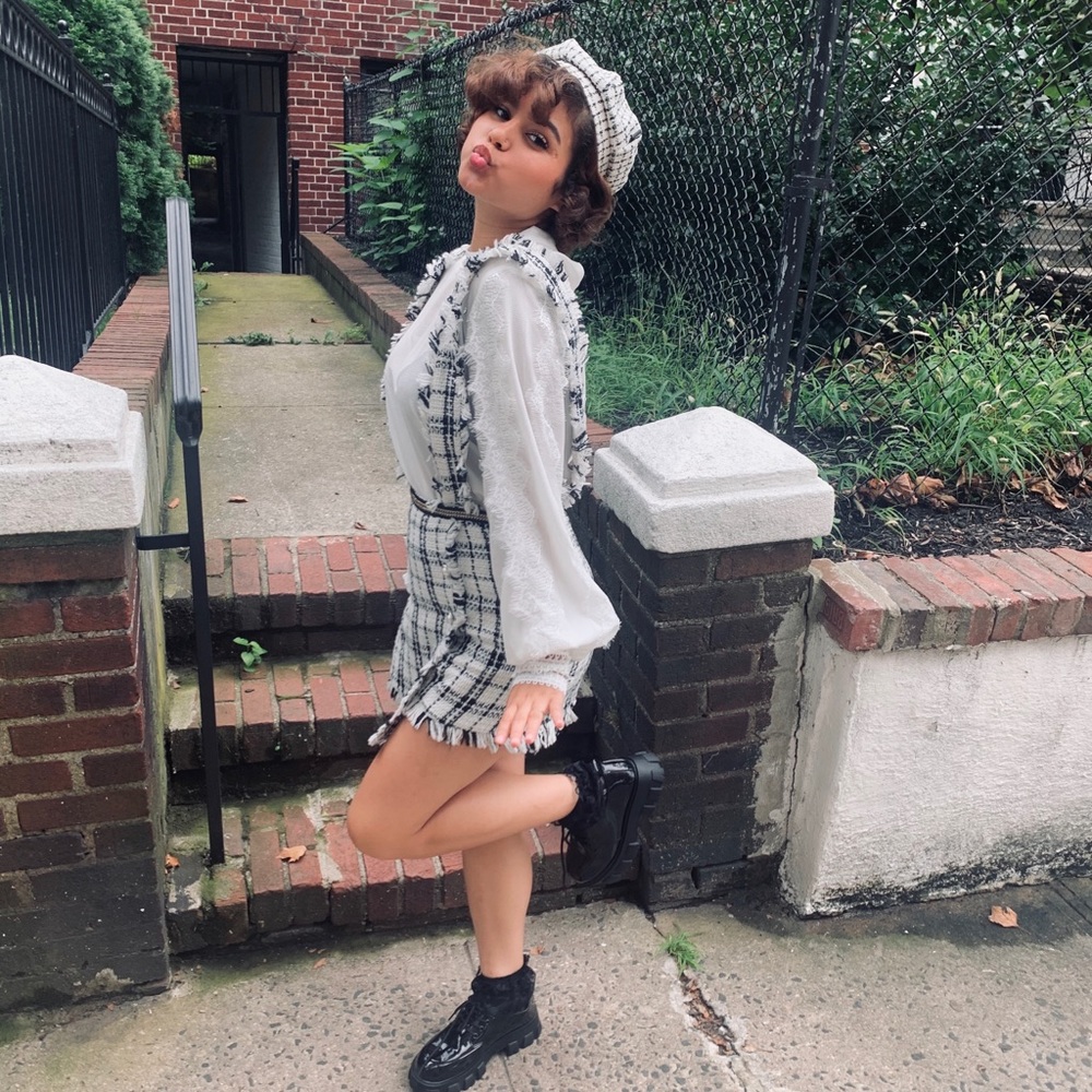 wrap tweed romper and matching hat